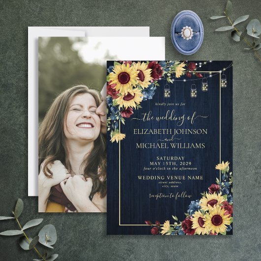 Sonnenblumen Navy Blue Burgundy Wood Floral Foto v Einladung