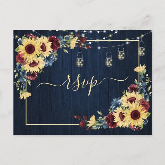 Sonnenblumen Navy Blue Burgundy Wood Floral UAWG Einladungspostkarte (Vorderseite)