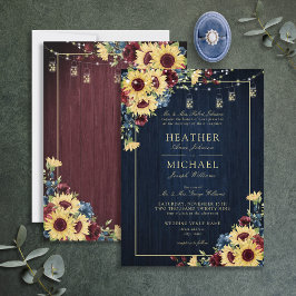 Sonnenblumen Navy Blue Burgundy Wood Floral Weddin Einladung