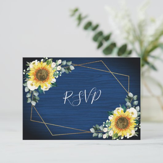 Sonnenblumen Navy Blue Floral Geometric Wedding RSVP Karte (Stehend Vorderseite)