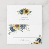 Sonnenblumen Navy Blue Floral Hochzeit Platzkarte (Außenseite Aufgefaltet)