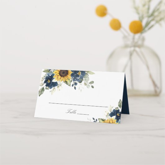 Sonnenblumen Navy Blue Floral Hochzeit Platzkarte (Vorderseite)