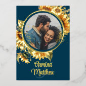 Sonnenblumen Navy Blue Foto Hochzeit Gold Folieneinladung (Vorderseite)