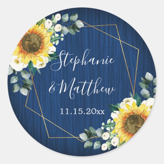 Sonnenblumen Navy Blue Geometric Wedding Runder Aufkleber (Vorderseite)