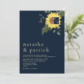 Sonnenblumen Navy Blue Gold Moderne Hochzeit Einla Einladung (Stehend Vorderseite)
