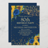 Sonnenblumen Navy Blue Gold String Lights 80. Einladung (Vorne/Hinten)