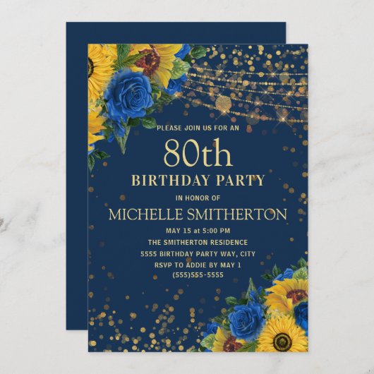 Sonnenblumen Navy Blue Gold String Lights 80. Einladung (Vorne/Hinten)