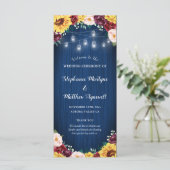 Sonnenblumen Navy Blue Jar Lights Burgundy Wedding Programm (Stehend Vorderseite)