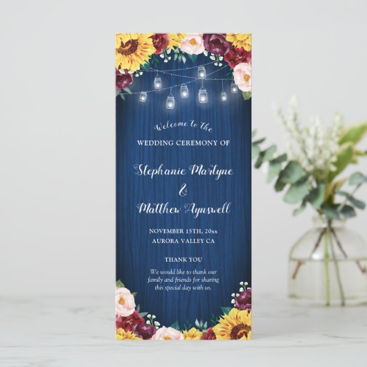 Sonnenblumen Navy Blue Jar Lights Burgundy Wedding Programm (Stehend Vorderseite)