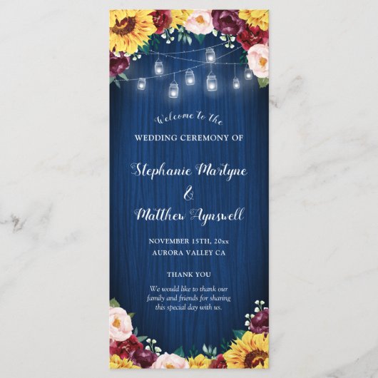 Sonnenblumen Navy Blue Jar Lights Burgundy Wedding Programm (Vorderseite)
