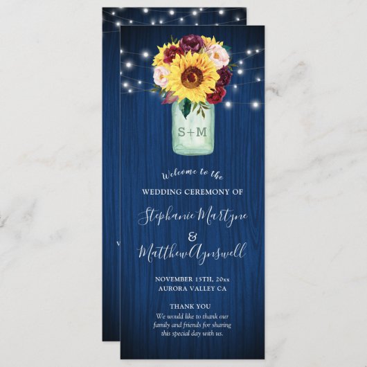 Sonnenblumen Navy Blue Mason Jar Floral Hochzeit Programm (Vorne/Hinten)