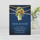 Sonnenblumen Navy Blue Mason Jar Foto Hochzeit Save The Date (Stehend Vorderseite)