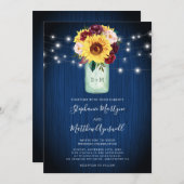 Sonnenblumen Navy Blue Mason Jar Lights Hochzeit Einladung (Vorne/Hinten)