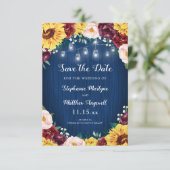 Sonnenblumen Navy Blue Mason Jar Lights Hochzeit Save The Date (Stehend Vorderseite)