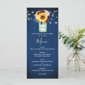 Sonnenblumen Navy Blue Mason Jar Lights Hochzeitme Menükarte (Stehend Vorderseite)