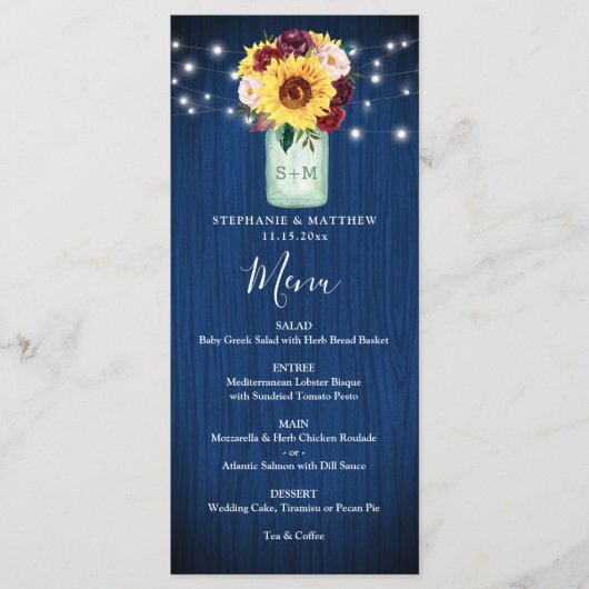 Sonnenblumen Navy Blue Mason Jar Lights Hochzeitme Menükarte (Vorderseite)