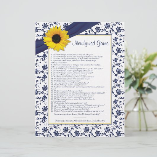 Sonnenblumen Navy Blue Newlywed Brautparty Game (Stehend Vorderseite)