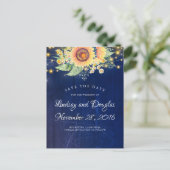 Sonnenblumen Navy Blue Rustic Country Save the Dat Ankündigungspostkarte (Stehend Vorderseite)
