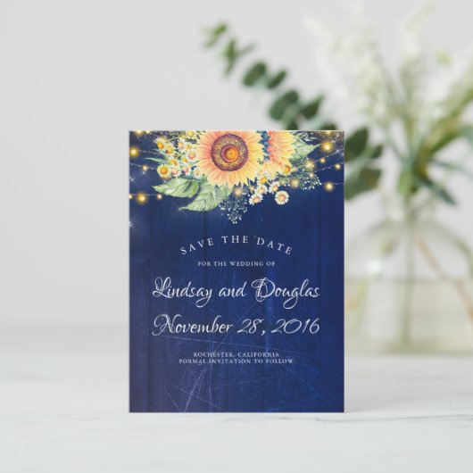 Sonnenblumen Navy Blue Rustic Country Save the Dat Ankündigungspostkarte (Stehend Vorderseite)