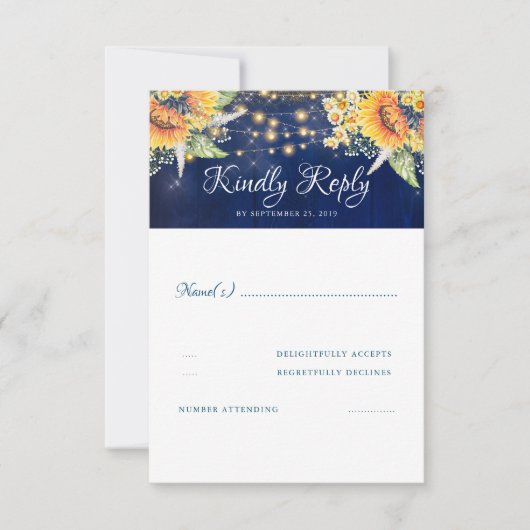 Sonnenblumen Navy Blue Rustic Wedding RSVP Karte (Vorderseite)