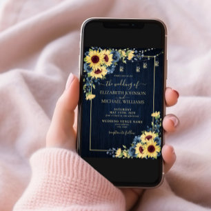 Sonnenblumen Navy Blue Wood Floral Foto Hochzeit Einladung