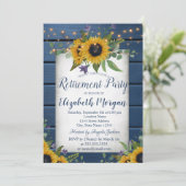 Sonnenblumen Navy Blue Wood Retirement Einladung (Stehend Vorderseite)