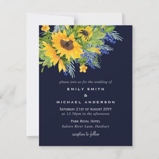 Sonnenblumen Navy Blue Yellow Wedding Einladungen (Vorderseite)