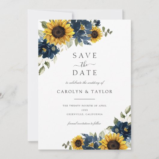 Sonnenblumen Navy Blume Rustikal Save the Date Einladung (Vorderseite)