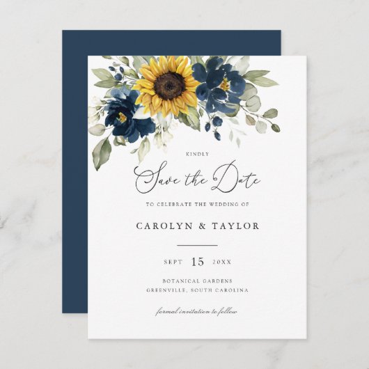 Sonnenblumen Navy Blumen Grüne Hochzeit Einladung (Vorne/Hinten)