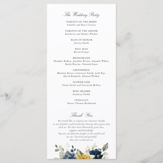 Sonnenblumen Navy Blumen Grüne Hochzeit Programm (Rückseite)