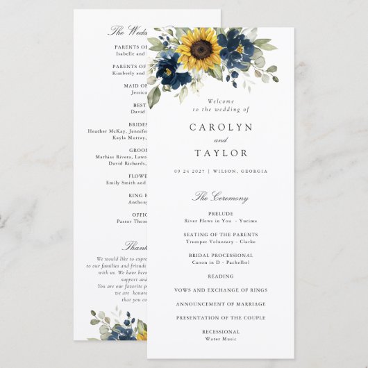 Sonnenblumen Navy Blumen Grüne Hochzeit Programm (Vorne/Hinten)