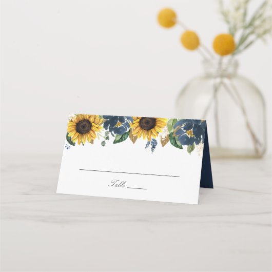 Sonnenblumen Navy Blumen Hochzeit Platzkarte (Vorderseite)