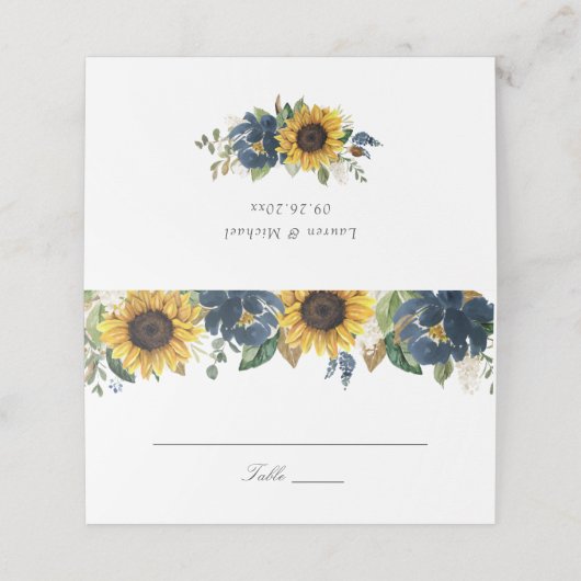 Sonnenblumen Navy Blumen Hochzeit Platzkarte (Außenseite Aufgefaltet)