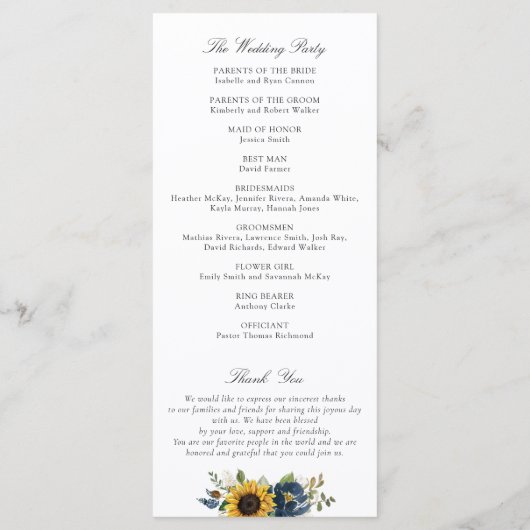 Sonnenblumen Navy Blumen Rustikale Hochzeit Programm (Rückseite)