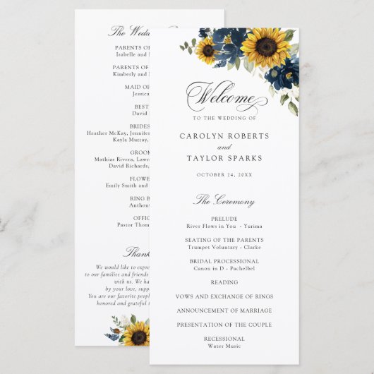 Sonnenblumen Navy Blumen Rustikale Hochzeit Programm (Vorne/Hinten)