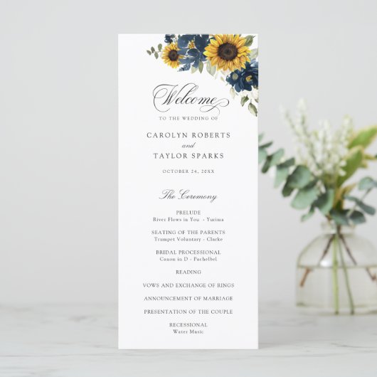 Sonnenblumen Navy Blumen Rustikale Hochzeit Programm (Stehend Vorderseite)