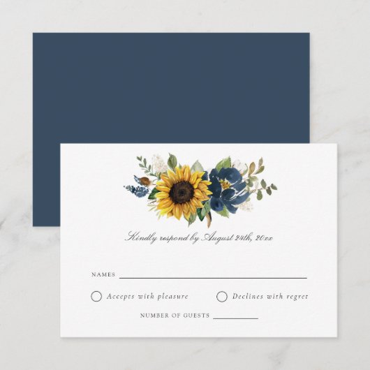 Sonnenblumen Navy Blumen Rustikale Hochzeit RSVP Einladung (Vorne/Hinten)