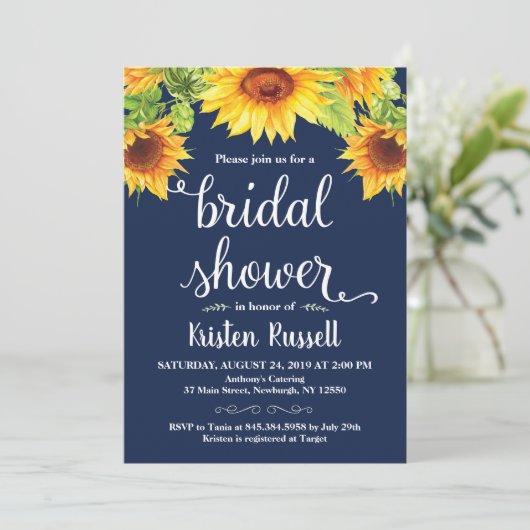 Sonnenblumen-Navy-Brautparty Einladung (Stehend Vorderseite)