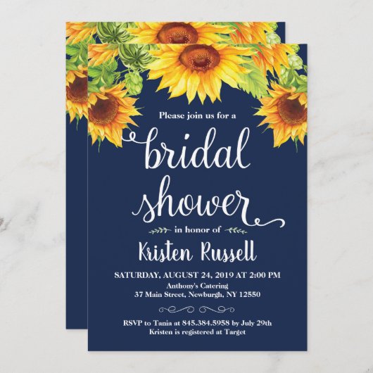 Sonnenblumen-Navy-Brautparty Einladung (Vorne/Hinten)