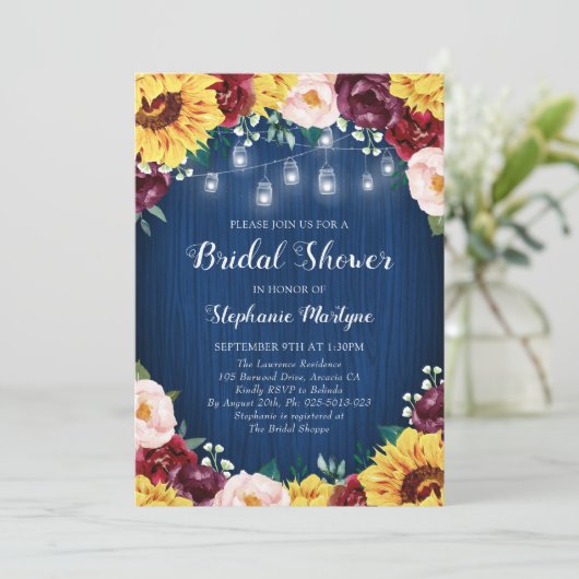 Sonnenblumen Navy Brautparty Mason Jars Floral Einladung (Stehend Vorderseite)