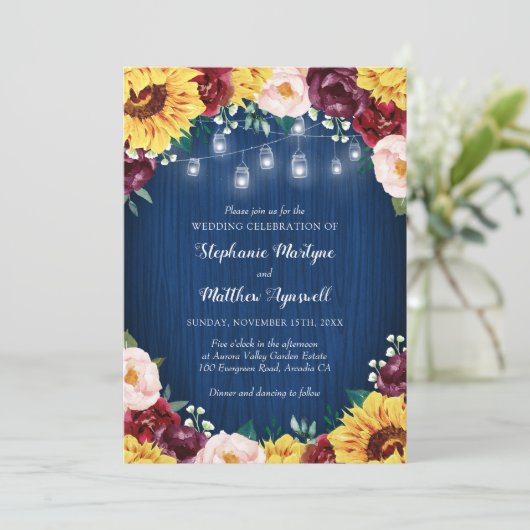 Sonnenblumen Navy Mason Jars Floral Hochzeit Einladung (Stehend Vorderseite)