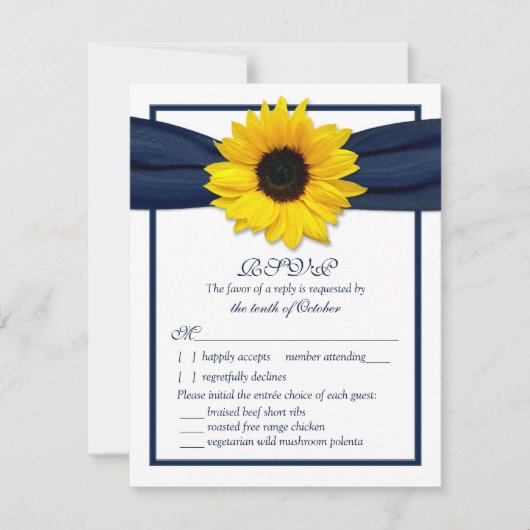 Sonnenblumen Navy Ribbon Hochzeitsessen Wahl UAWG RSVP Karte (Vorderseite)
