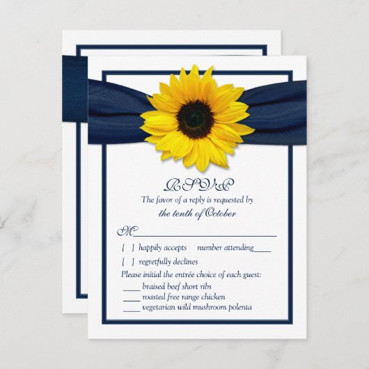 Sonnenblumen Navy Ribbon Hochzeitsessen Wahl UAWG RSVP Karte (Vorne/Hinten)