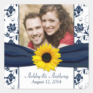 Sonnenblumen Navy- und Weiß-Damaskus-Hochzeitsaufk Quadratischer Aufkleber