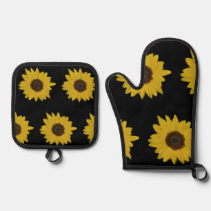 Sonnenblumen Ofen Mitt & Potholder Set Schwarz & G