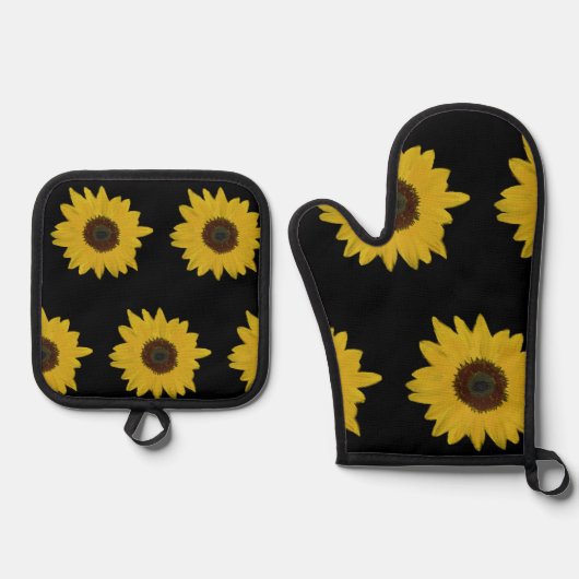 Sonnenblumen Ofen Mitt & Potholder Set Schwarz & G (Vorderseite)