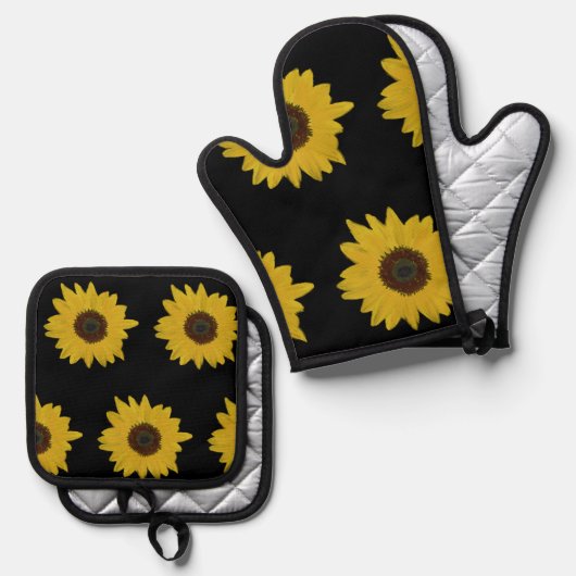 Sonnenblumen Ofen Mitt & Potholder Set Schwarz & G (Vorderseite/Rückseite)