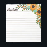 Sonnenblumen Orange Berries Linken Ihren Namen Notizblock<br><div class="desc">Personalisiertes Sonnenblumenheft mit praktischen Linien und Ihrem Namen in einem braunen Skript, gelben Sonnenblumen und kleineren Blume in Gelb, Türkis und Weiß mit Beerenbranden auf der rechten Seite des Notizbuches. Personalisiertes Notizblock mit Sonnenblumenmotiv, ausgekleidetes Papier, das in einem zauberhaften braunen Schrift mit Ihrem Namen gedruckt wird. Noten und Botschaften auf...</div>