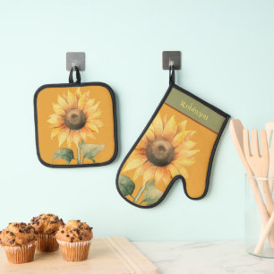 Sonnenblumen Orange Gelb Grün Ofenhandschuh & Topflappen-Set