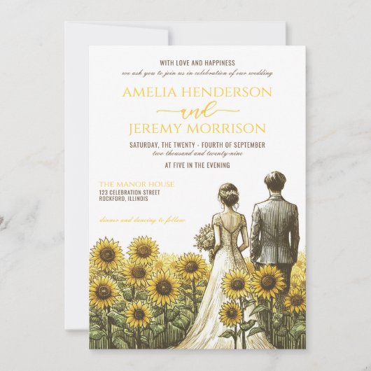 Sonnenblumen-Paar Hochzeit Einladung mit QR-Code (Vorderseite)